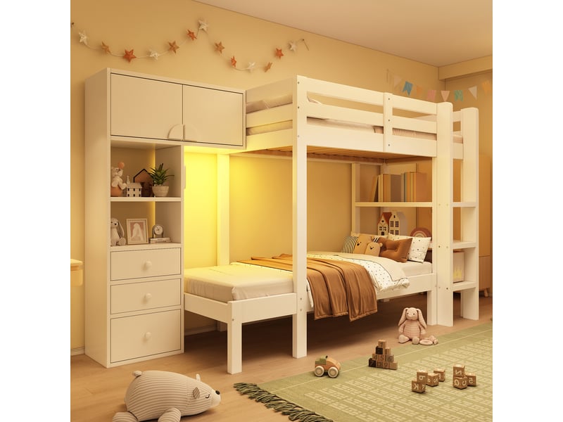  Lit superposé 90x200 cm avec armoire et tiroirs, veilleuse led, lit superposé avec rangements, bois massif blanc  - Conforama W