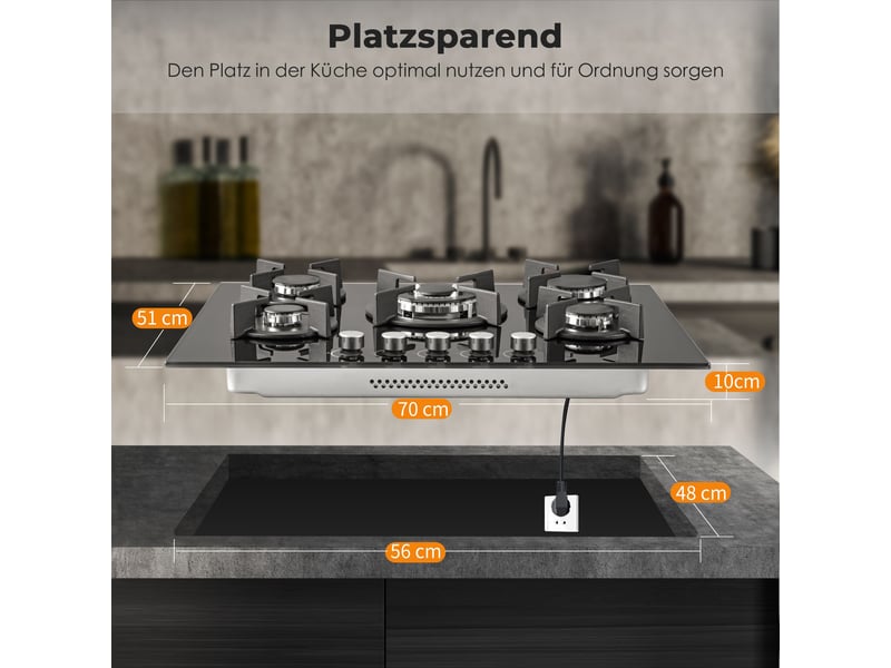 Plaque de cuisson gaz 5 feux, plaque gaz 70 cm en verre noir, 10400 w, encastrable ou posable, gaz naturel et propane - Conforama C