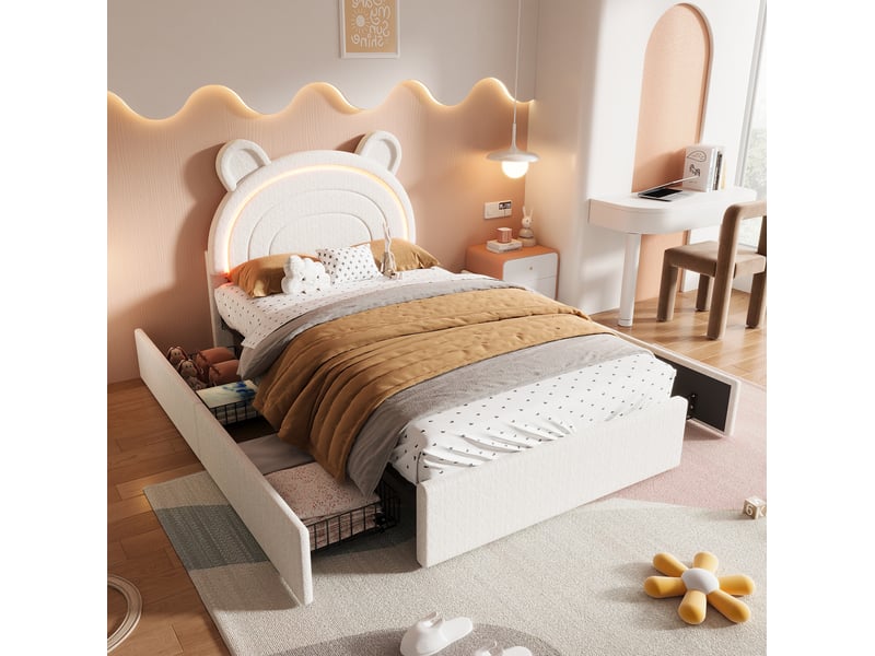  Lit avec rangement enfant 90x200 cm en velours beige avec 4 tiroirs et tête de lit ours led  - Conforama B