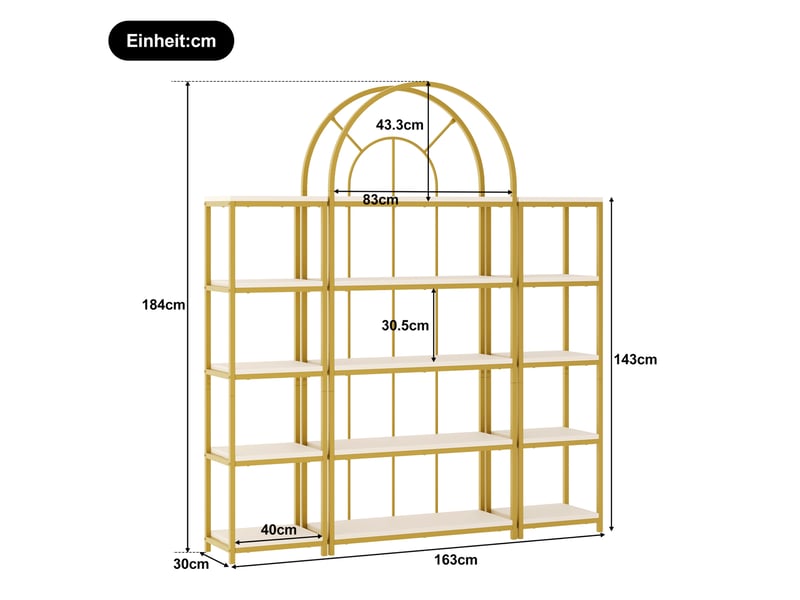  Bibliothèque modulaire haute 163x30x184 cm, anti-basculement, pour salon, cuisine et bureau, mdf, métal, doré et blanc  - Conforama C