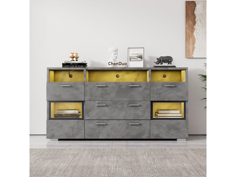  Buffet moderne gris 140 cm avec éclairage led et portes en acrylique transparent  - Conforama E