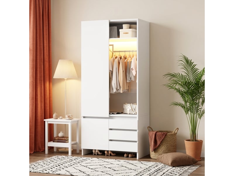  Armoire dressing 90x50x200 cm avec led, penderie, panier à linge intégré, 3 tiroirs, compartiment supérieur, mdf et panneaux de particules blancs  - Conforama C