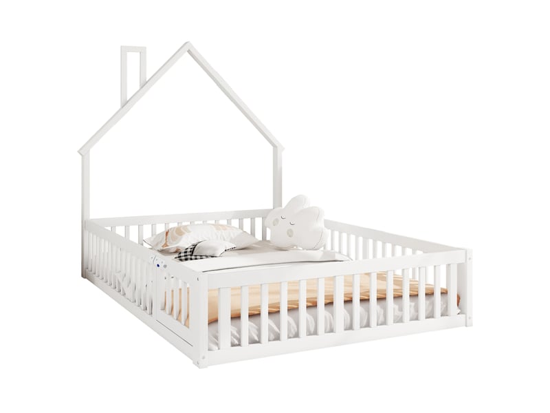  Lit enfant 140 x 190 cm forme cheminée, sommier à lattes et barrières, blanc  - Conforama A
