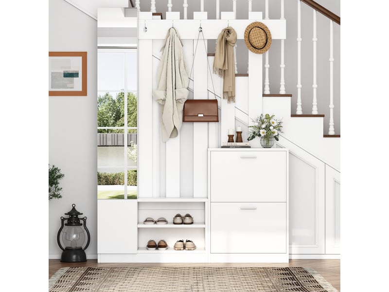  Vestiaire d'entrée compact, meuble d'entrée avec meuble à chaussures et miroir de couloir, portemanteau mural gain de place 135x25x180cm, blanc  - Conforama C