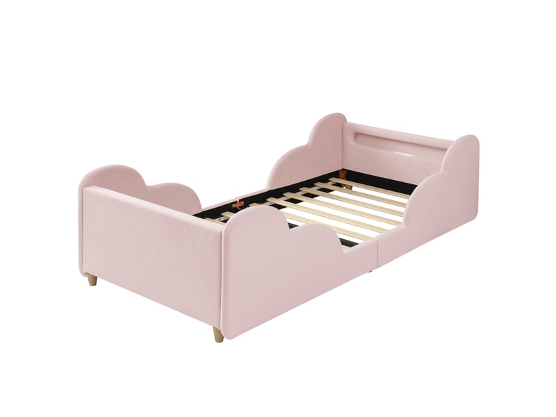  Lit enfant 90 × 200 cm avec barrière, usb, type-c et veilleuse, sans matelas, en velours, rose  - Conforama E