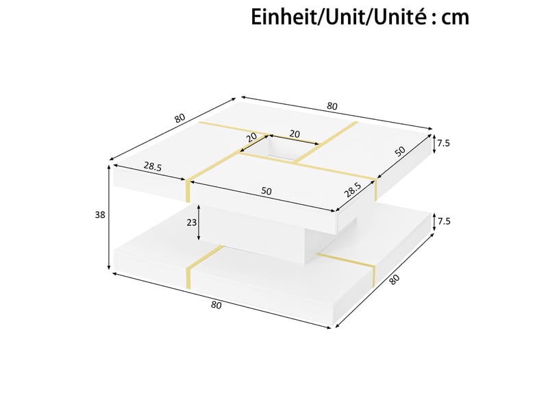  Table basse avec 2 niveaux et découpe centrale, style minimaliste, en panneau de particules blanc, 80 × 80 × 38 cm  - Conforama D