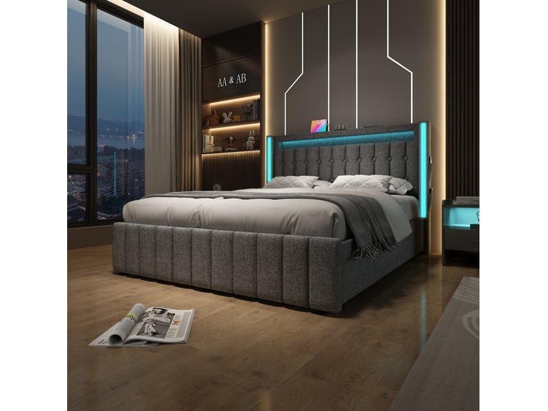  Lit rembourré ulevr 160x200 cm avec led, 4 tiroirs de rangement, ports usb et usb-c, cadre de lit gris en tissu lin  - Conforama D