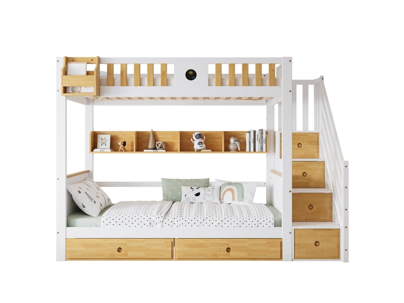 Lit superposé 90x200cm, lit enfant avec compartiments, tiroirs, espace de rangement, barrière de protection, blanc et naturel - Conforama A