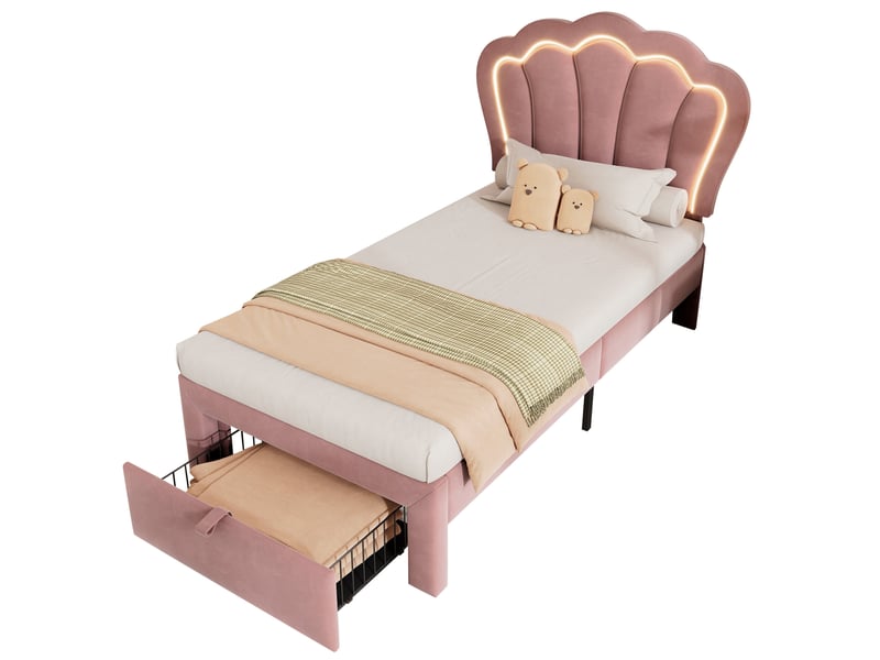  Lit enfant 90x200 cm en velours rose avec tiroir et éclairage led  - Conforama A