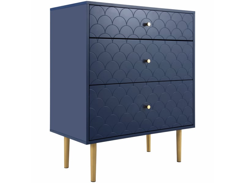 Buffet 75x40x89 cm, commode 3 tiroirs, plateau motif écailles, glissières qualité, aggloméré + métal, bleu marine - Conforama A