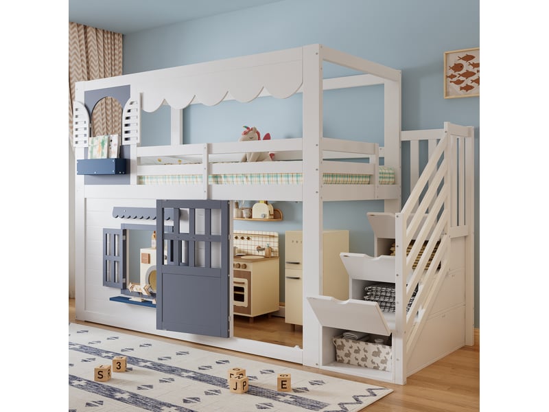  Lit enfant mi-hauteur 90x200 cm maison blanc et bleu, escalier de rangement, porte, fenêtres ouvrantes, sans matelas  - Conforama B