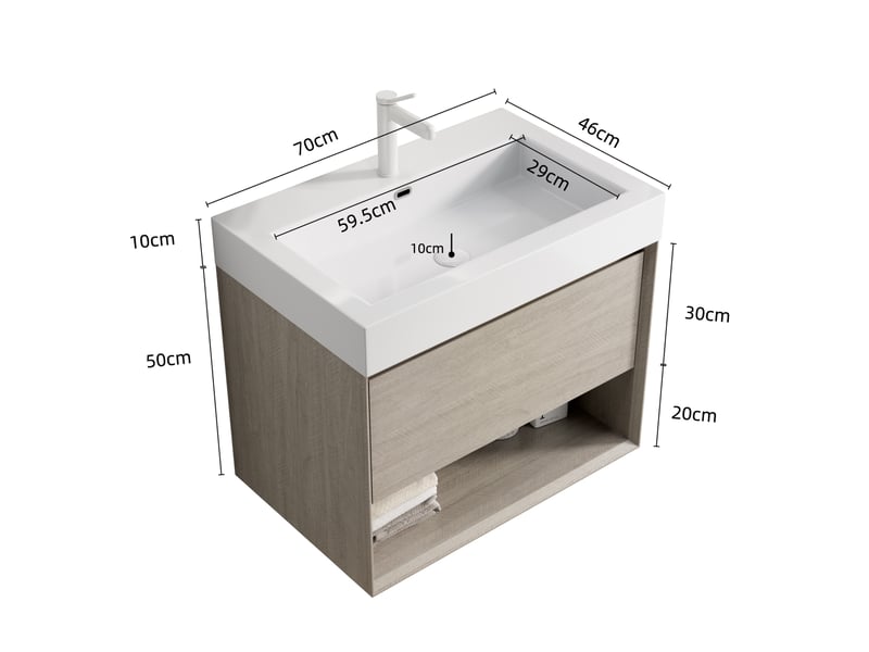 Meuble rangement salle bain vasque suspendu 70 cm tiroir niche chene clair blanc homvra  - Conforama E