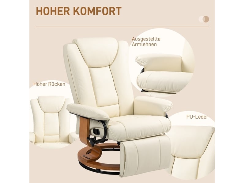 Fauteuil relax pivotant avec fonction inclinable et repose-pieds, en cuir reconstitué blanc crème - Conforama D