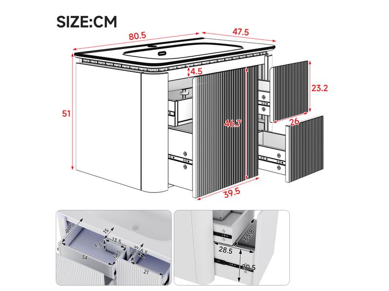 Meuble sous vasque avec 4 tiroirs, lavabo intégré et led à détecteur pour salle de bain 80,5×47,5×51 cm vert - Conforama D
