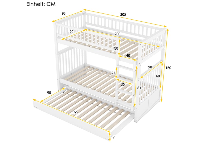 Lit superposé en bois 90x200 cm 3 en 1 convertible avec lit gigogne, barrière sécurité, échelle, sommier lattes, blanc - Conforama C