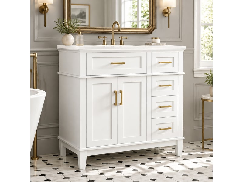  Meuble sous vasque sur pieds 90 cm avec 5 tiroirs et 2 portes - lpospi - vasque céramique, mdf blanc 90 × 46 × 87 cm  - Conforama B