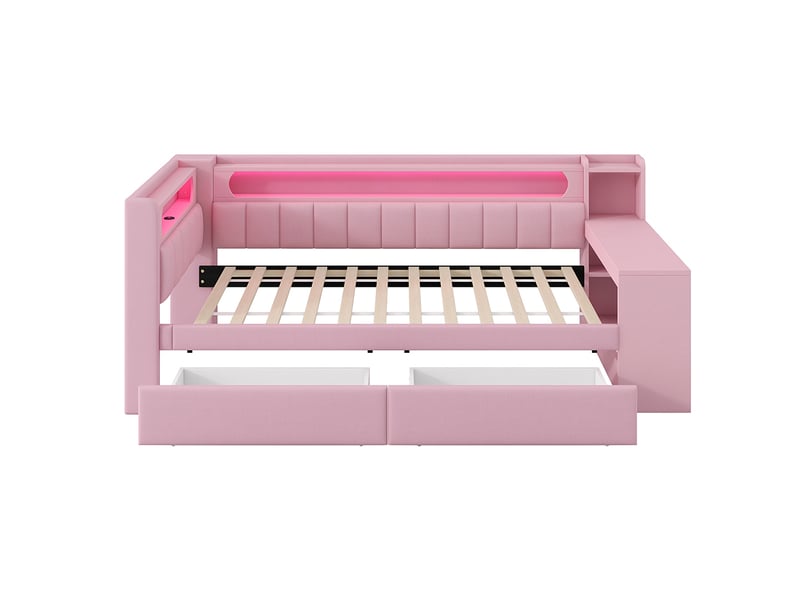 Canapé-lit rembourré 90 x 200 cm avec port usb et led - bureau - deux tiroirs - tissu lin - rose - Conforama E