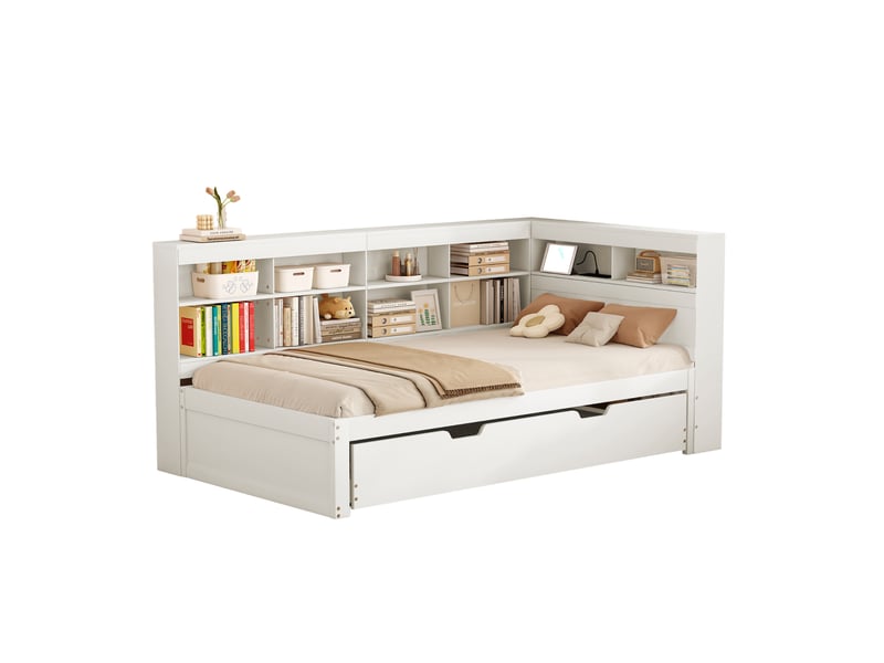  Lit gigogne multifonction 90x200 cm + 90x190 cm, espaces de rangement multiples, usb, bois, blanc sans matelas  - Conforama A