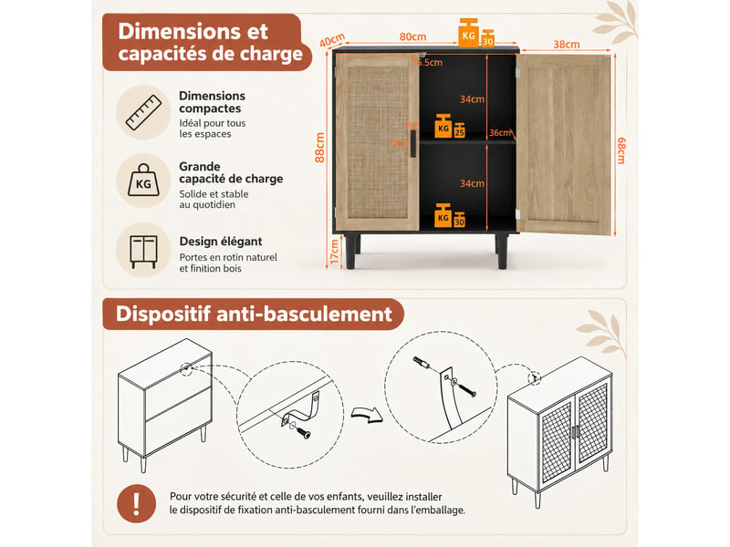  Buffet bas 80x40x88 cm noir, 2 portes en rotin, poignées bois massif, meuble de rangement salon entrée  - Conforama C
