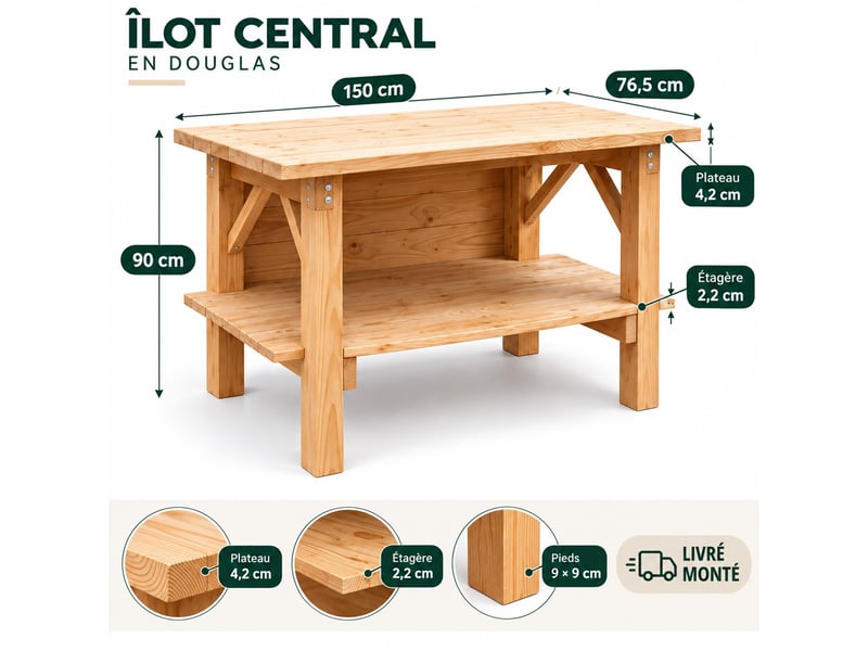  Îlot central de cuisine en douglas massif 150 cm livré monté  - Conforama D