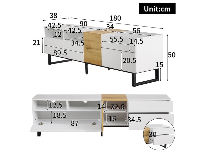  Meuble tv avec 2 portes, 2 tiroirs et 2 niches pour salon 180×38×50 cm en mdf blanc et bois  - Conforama D