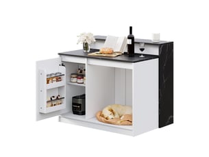 Îlot de cuisine avec comptoir bar et table de cuisine multifonctionnelle, espace animaux, effet marbre noir et blanc, 120x80x100cm.