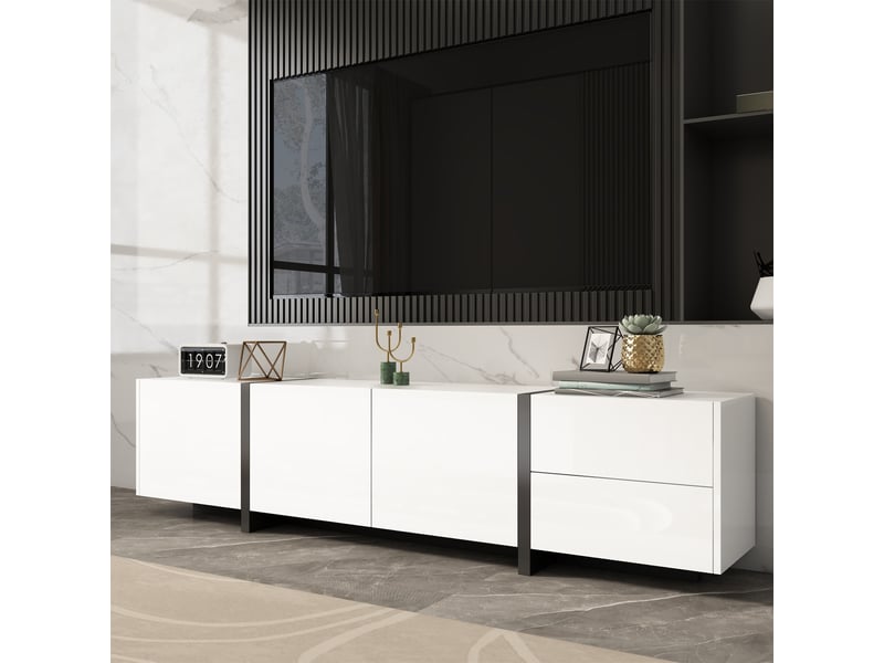  Meuble tv blanc et noir 170 cm laqué avec pieds noirs, 3 portes et 1 tiroir pour salon  - Conforama D