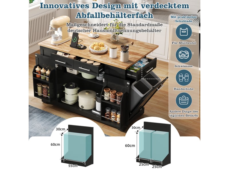  Îlot de cuisine 138 cm noir et aspect bois avec plan de travail rabattable, roulettes et prise électrique intégrée  - Conforama B