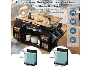 Îlot de cuisine 138 cm noir et aspect bois avec plan de travail rabattable, roulettes et prise électrique intégrée