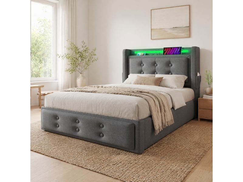  Lit coffre 1 place 90x200 cm avec led et usb-c en tissu coton-lin gris  - Conforama C