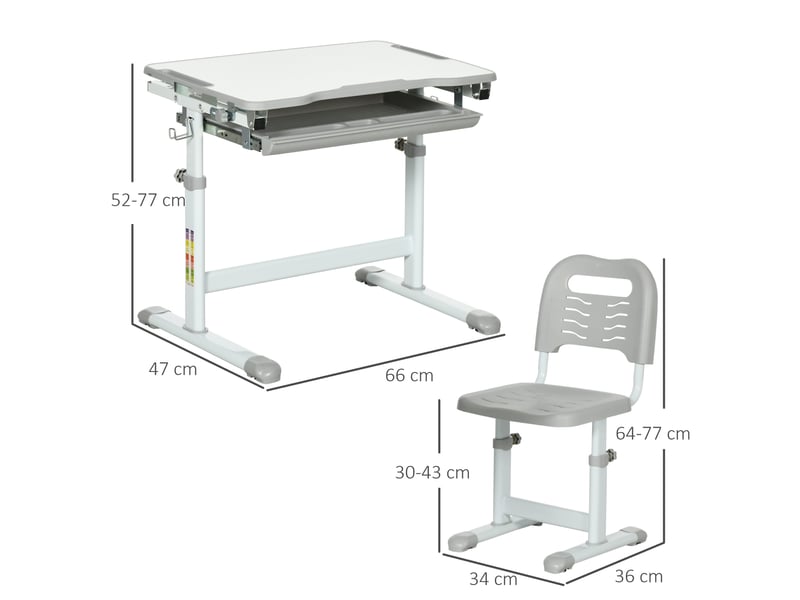  Bureau enfant 6-12 ans avec chaise et hauteur réglable, plateau inclinable, 66 x 47 x 52-77 cm, gris  - Conforama D