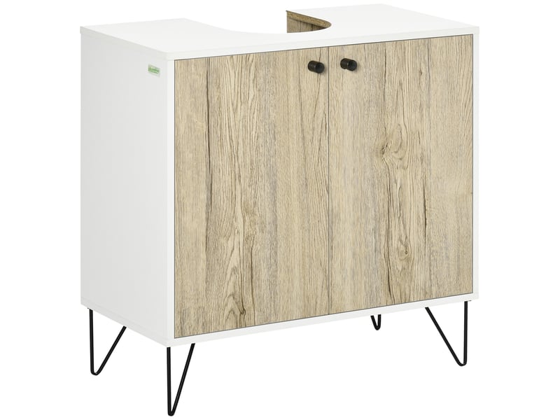  Meuble sous lavabo, meuble de salle de bain avec 2 portes, pieds en acier, 60 x 30 x 60 cm, blanc et bois naturel  - Conforama A