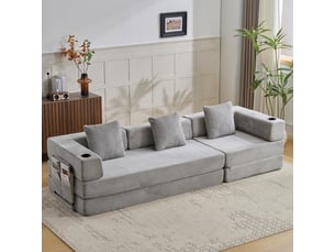 Canapé familial 5 places, avec couchage d'appoint, avec coussins, en velours côtelé, coloris gris clair, l277,5 x p92,5 x h60 cm