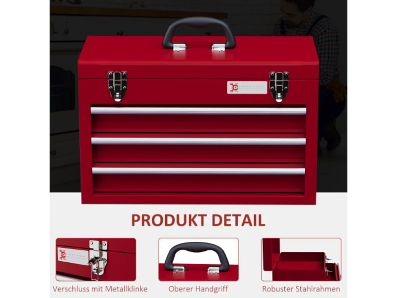  Caisse à outils vide en acier rouge 51 × 22 × 32 cm, 3 tiroirs, coffre supérieur, poignée et serrure  - Conforama B