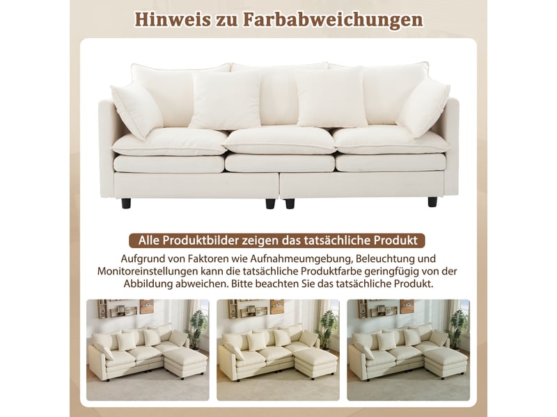  Canapé d’angle 3 places beige en chenille, 212 × 150 × 90 cm, avec méridienne réversible, pour salon  - Conforama D