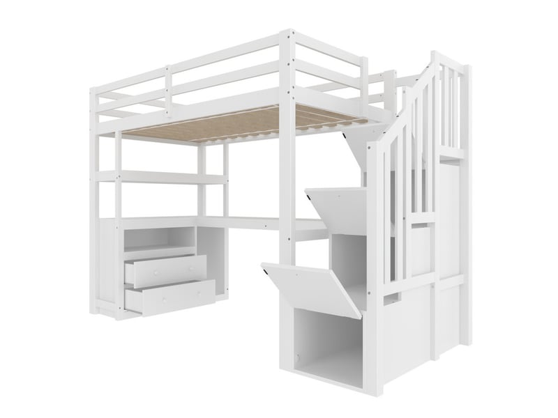 Lit mezzanine, 90 × 200 cm, lit simple avec échelle avec rangements, deux tiroirs, blanc - Conforama A