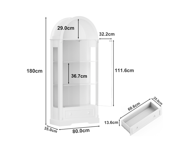  Vitrine tcqpz 80 x 35 x 180 cm portes en verre led à détection tiroir mdf blanc  - Conforama C
