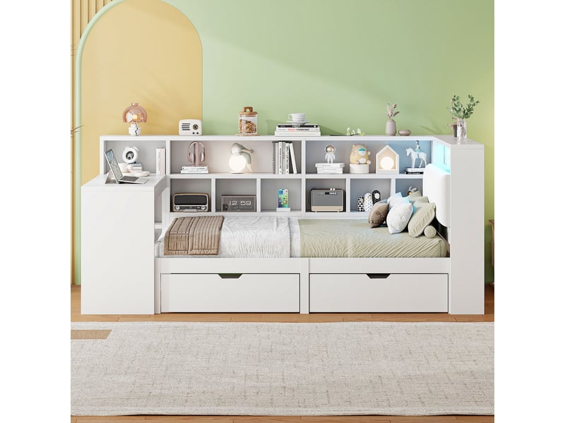 Lit avec rangement 90x200 cm coloris blanc mdf led lit enfant blanc - Conforama D