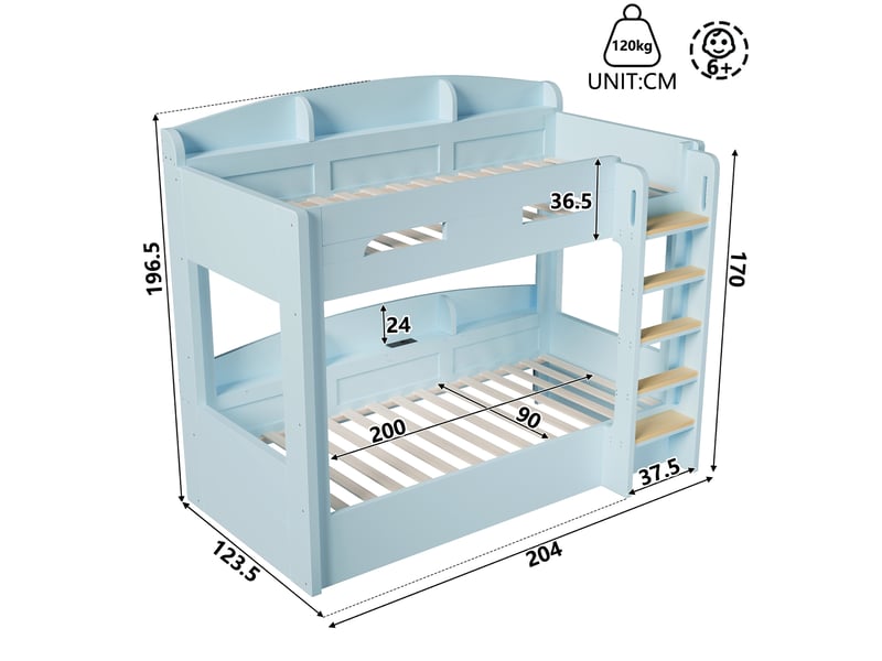 Lit superposé 90 x 200 cm avec couchage inférieur, usb et rangements, bleu clair - Conforama C