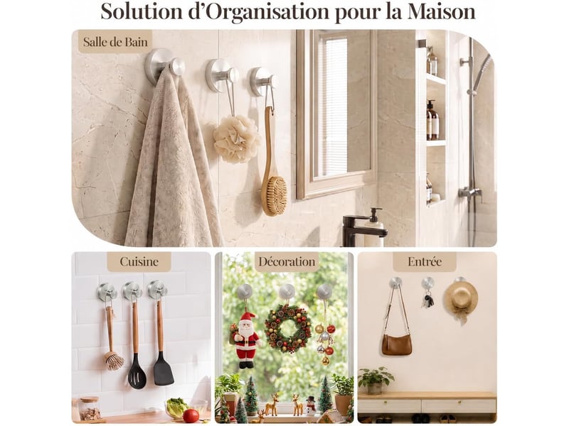 Lot de 2 crochets muraux à ventouse argentés - fixation sans perçage, réutilisables et étanches pour salle de bain, cuisine et douche, gris - Conforama C