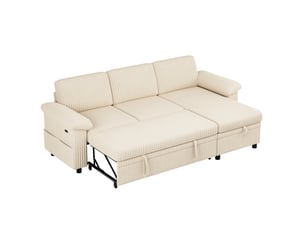 Canapé d'angle convertible 3 places 214 x 138,5 x 89 cm, couchage 214 x 177 cm, méridienne réversible avec coffre, usbtype-c, velours côtelé beige