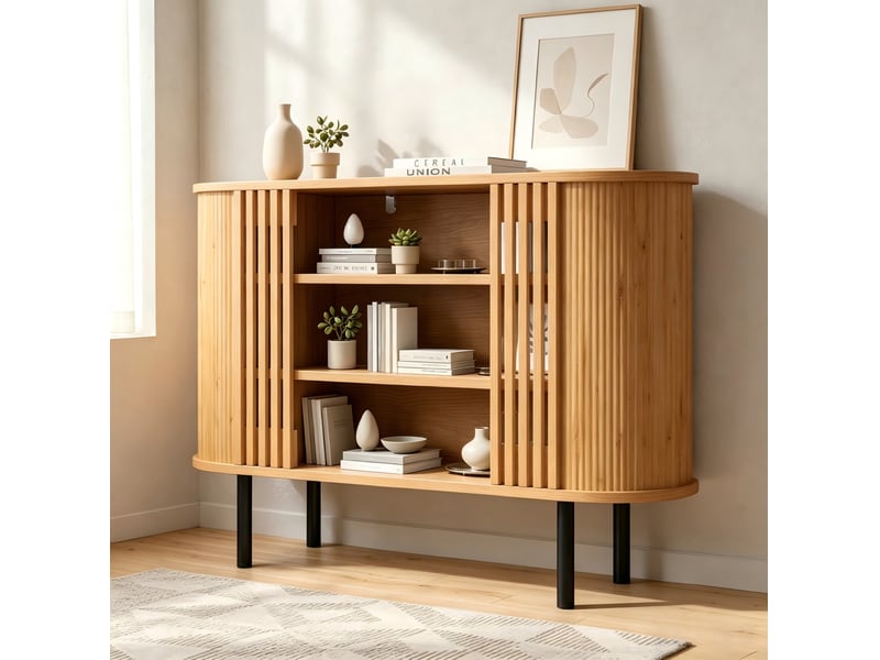  Buffet 120 x 40 x 80 cm avec 3 compartiments ouverts, pieds métalliques réglables, mdf et panneaux de particules, coloris bois naturel  - Conforama B