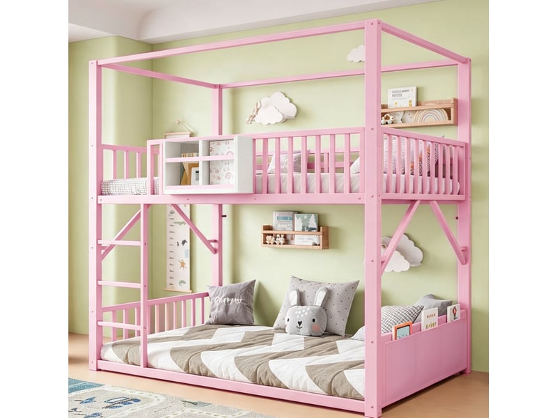  Lit superposé modenvie 90 x 200 cm en métal et mdf rose avec toit et rangements  - Conforama E