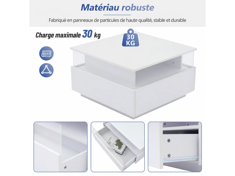  Table basse - carrée - blanc brillant - avec 2 tiroirs et compartiment - eclairage led - 70x70x41 cm  - Conforama B