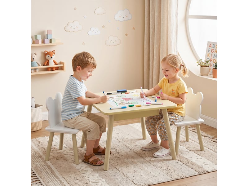  Table enfant avec 2 chaises, ensemble de sièges enfant avec rangement, dossier en forme d'ours pour enfants de 3 à 6 ans, bois naturel  - Conforama C