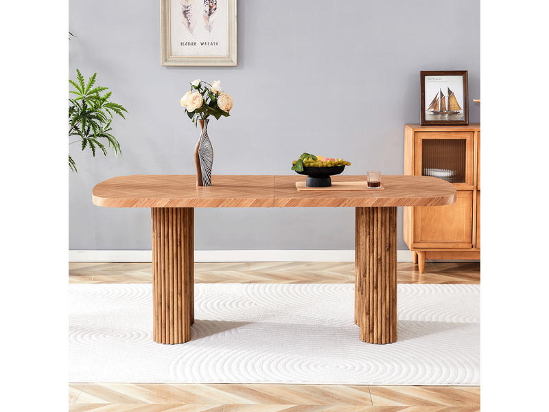  Table de salle à manger avec plateau épais et piétements en colonne arqués, pour salle à manger en mdf ton noyer  - Conforama E