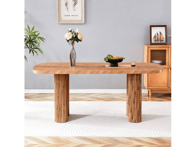  Table de salle à manger avec plateau épais et piétements en colonne arqués, pour salle à manger en mdf ton noyer  - Conforama E