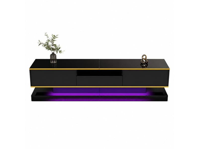  Meuble tv modenvie 180 x 38 x 45 cm 3 tiroirs niche ouverte led multicolore noir brillant doré  - Conforama A