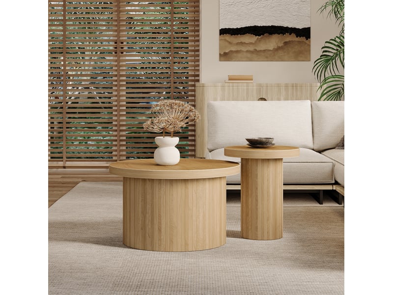  Lot de 2 tables basses rondes en mdf, finition bois naturel, 66 et 40 cm  - Conforama D