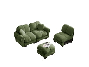 Canapé d'angle 3 places en tissu vert avec ottomane mobile et 2 coussins déco, confort moelleux au salon